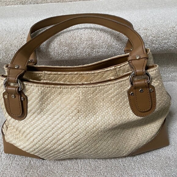 Liz Claiborne Vintge Woven Cream and Tan Leather Tote Bag - Picture 12 of 12